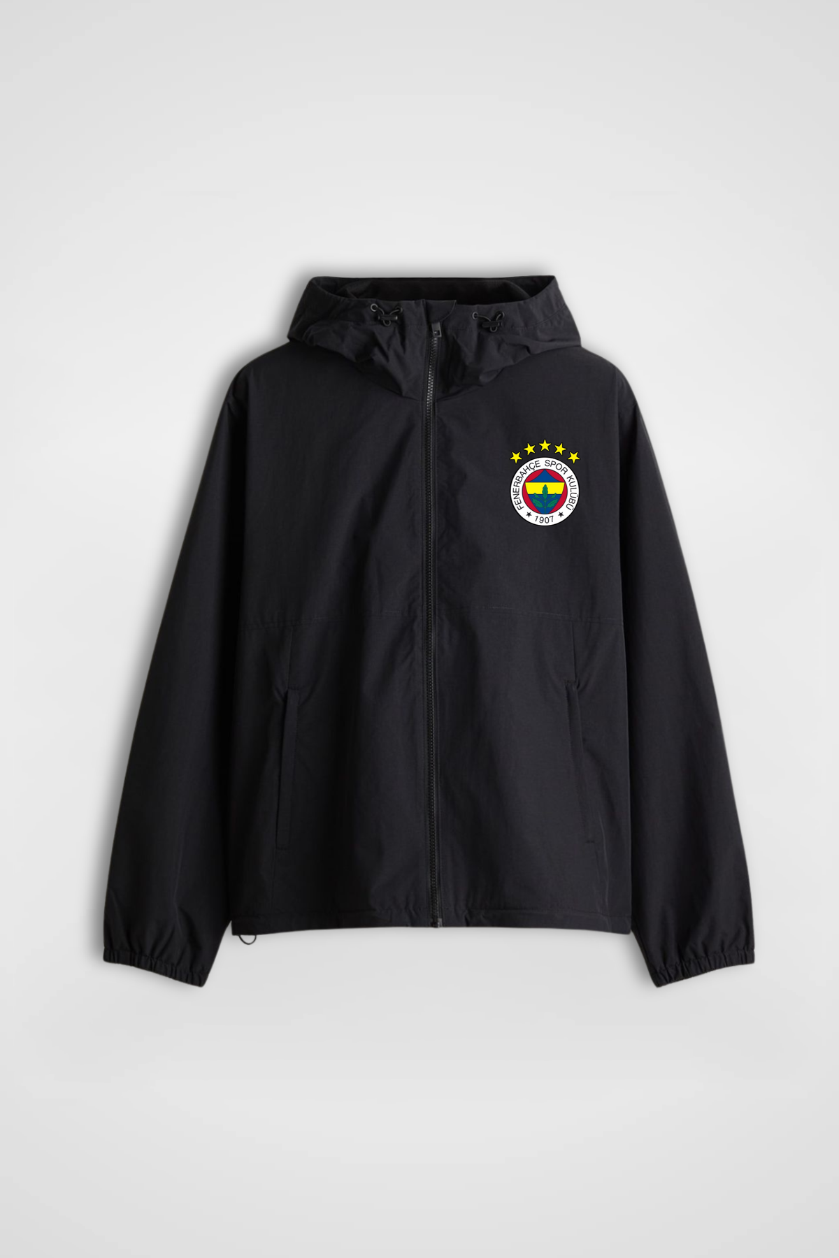 Schwarzer Fenerbahçe Windbreaker mit klassischem Wappen auf der Brust – Vorderansicht