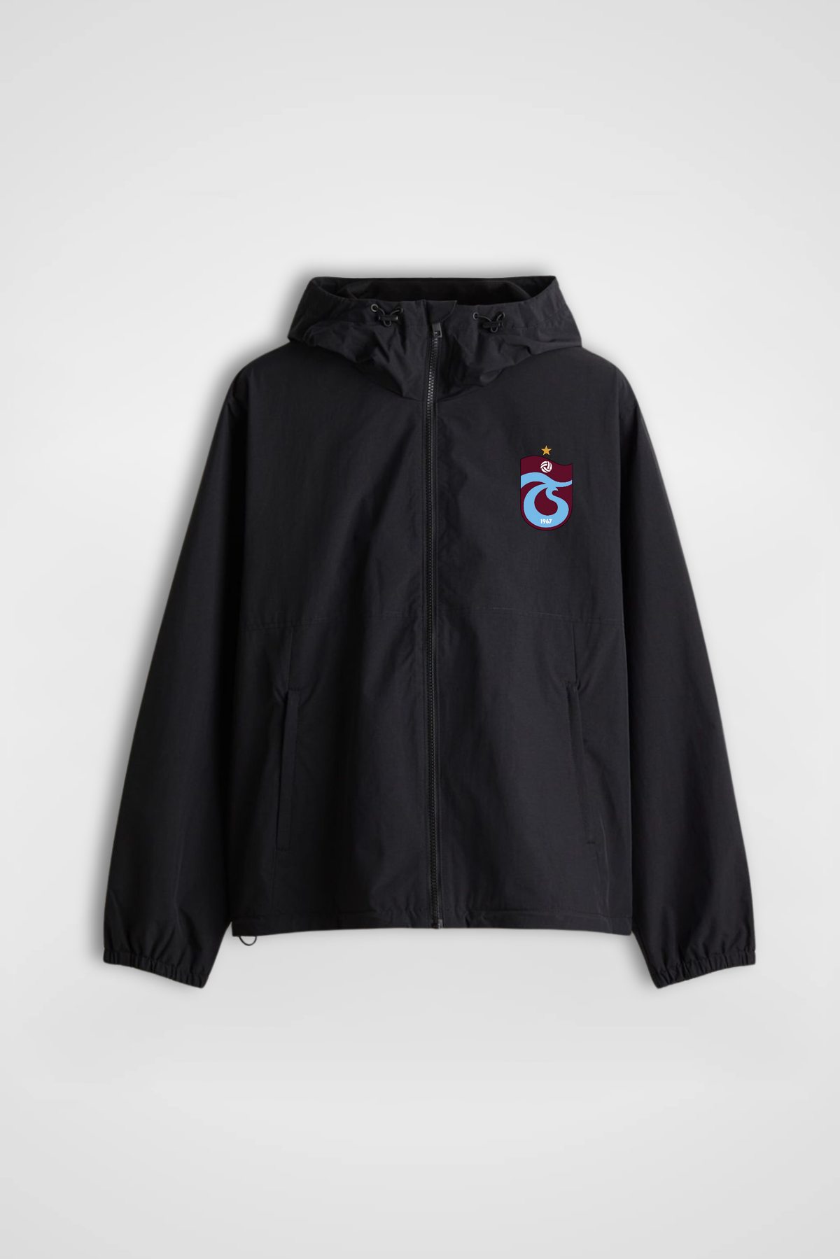 Schwarzer Trabzonspor Windbreaker mit rot-blauem TS-Monogramm – Vorderansicht