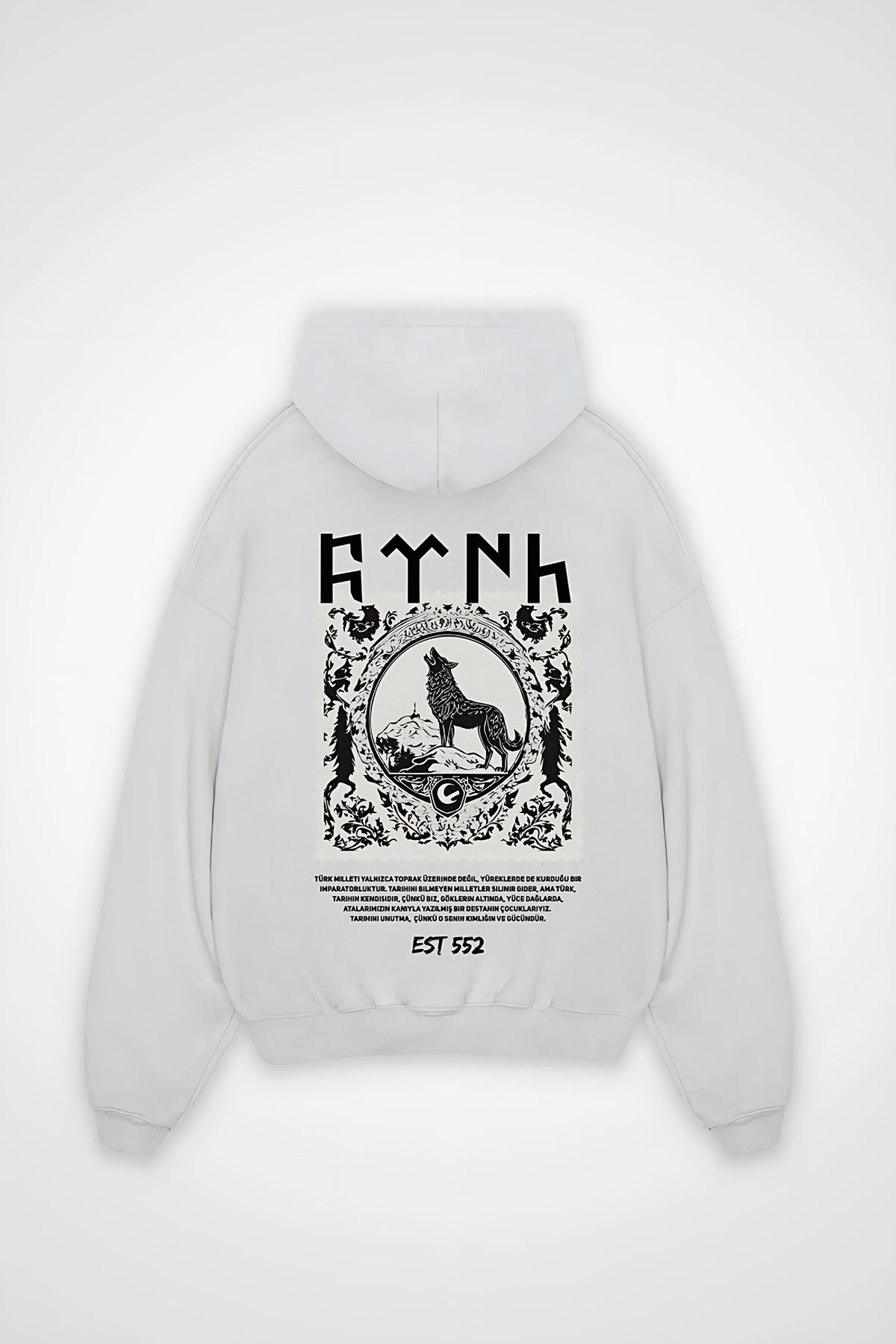 Göktürk Oversized Hoodie – Börü in Weiß (White) – Backprint-Design
