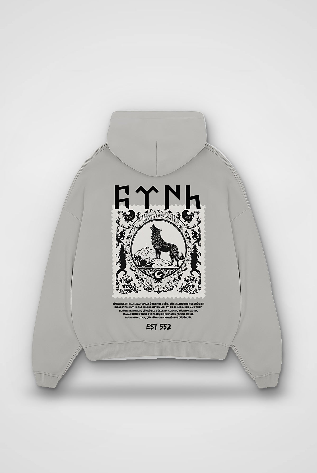 Göktürk Oversized Hoodie – Börü in Light Asphalt – Backprint-Design