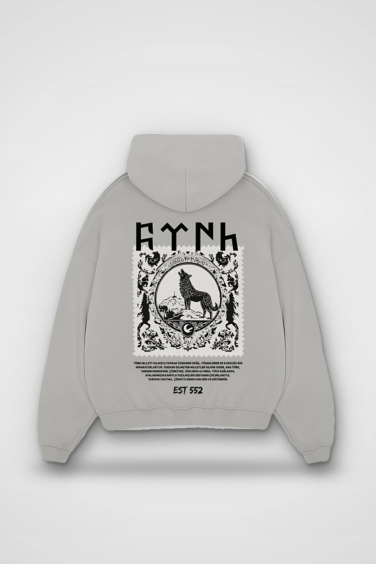 Göktürk Oversized Hoodie – Börü in Light Asphalt – Backprint-Design
