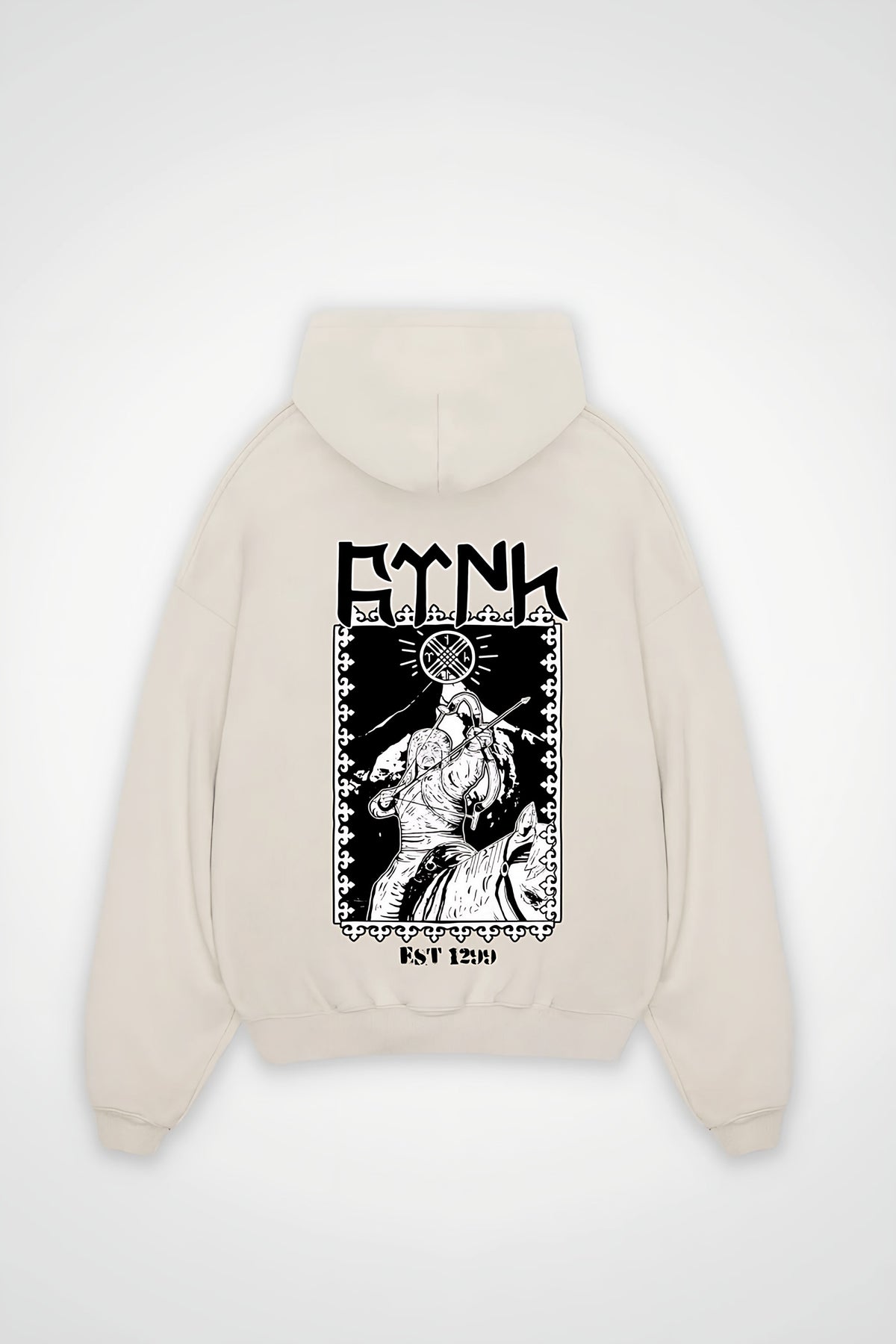 Göktürk Oversized Hoodie – Alp in White Sand – Backprint-Design