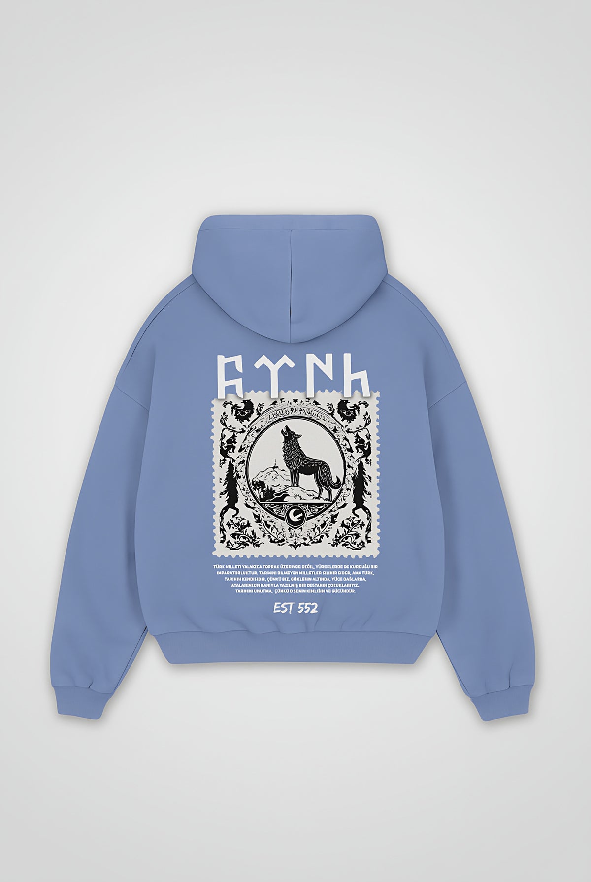 Göktürk Oversized Hoodie – Börü in Powder Blue – Backprint-Design