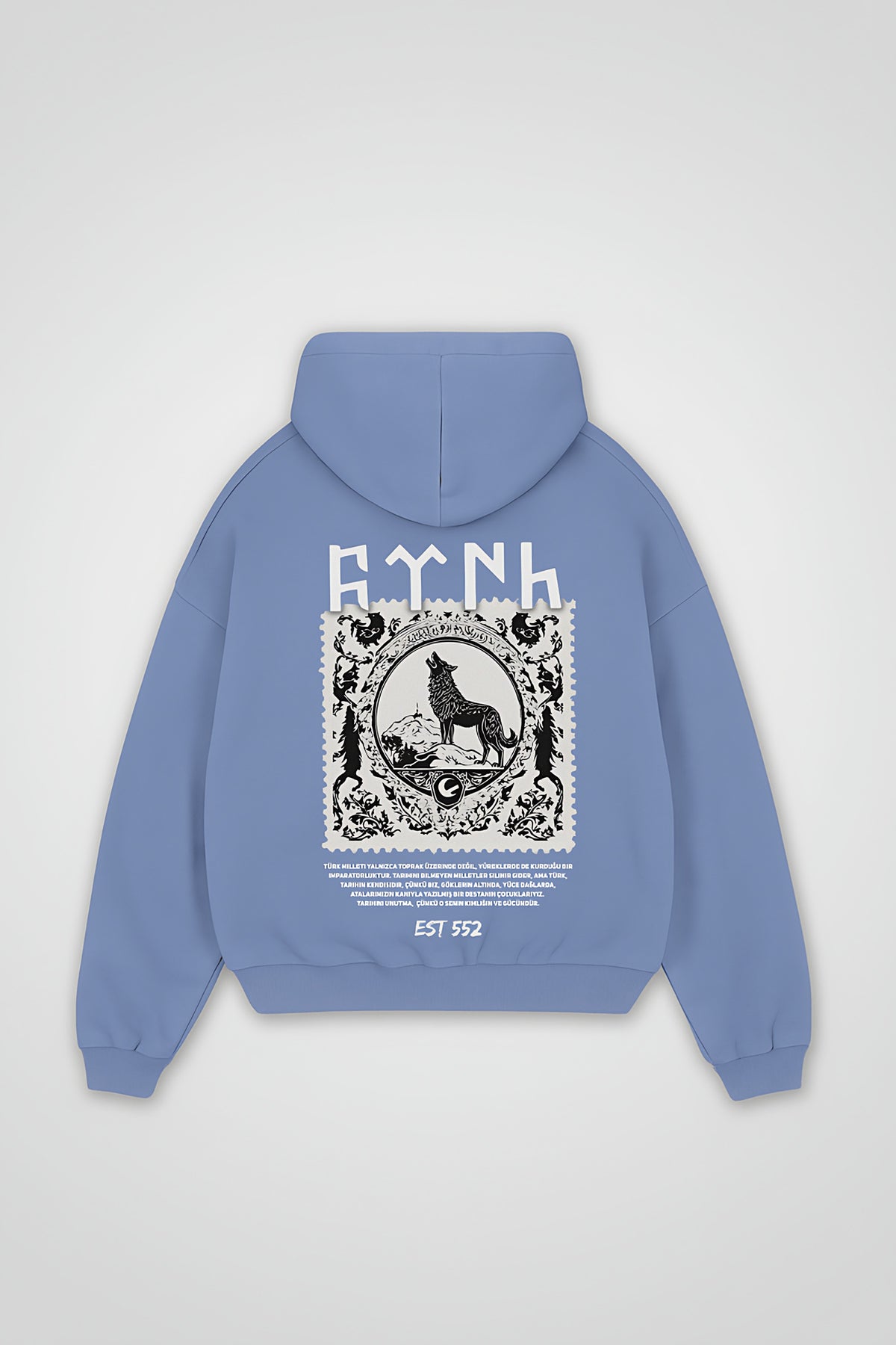 Göktürk Oversized Hoodie – Börü in Powder Blue – Backprint-Design