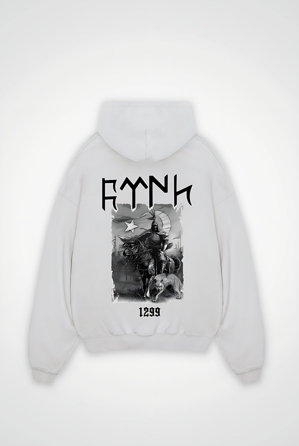 Göktürk Oversized Hoodie – Töre in Weiß (White) – Backprint-Design