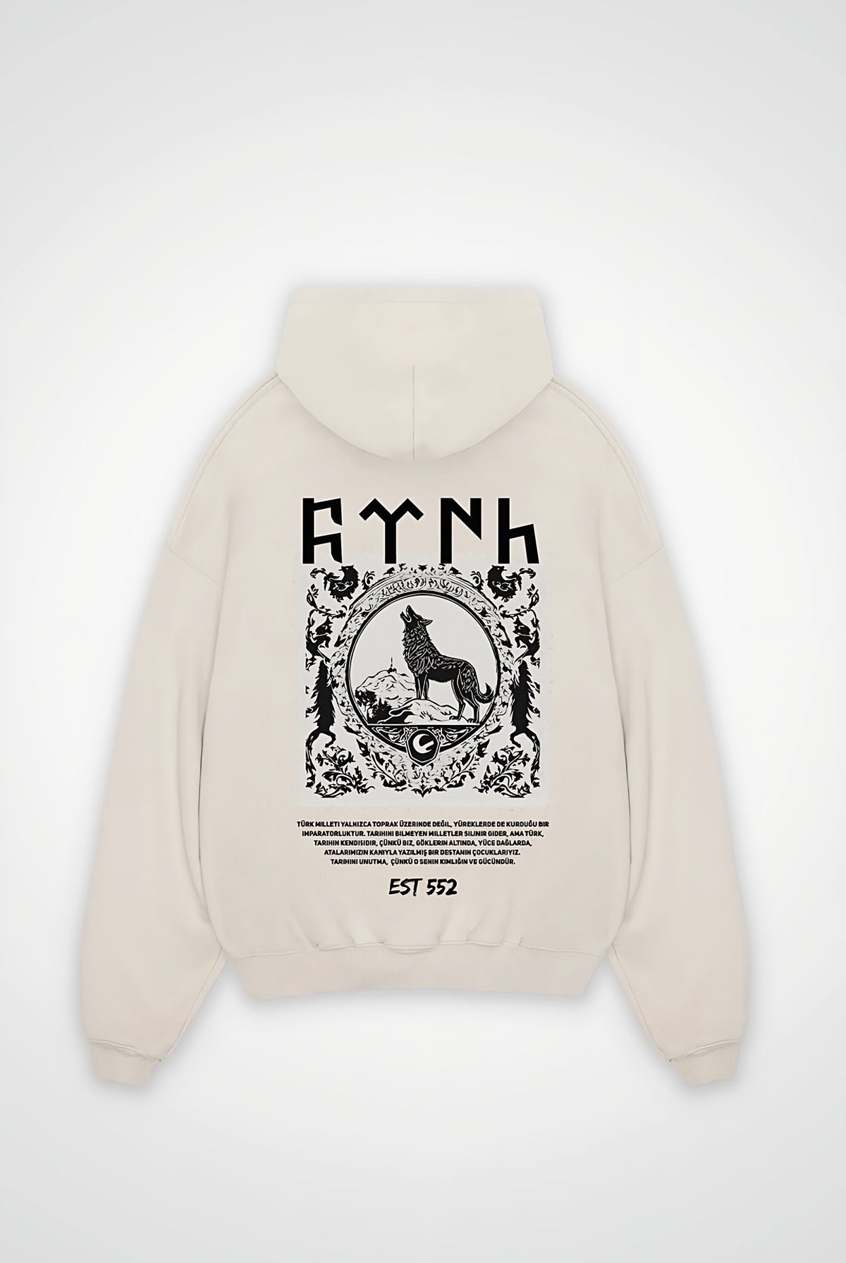 Göktürk Oversized Hoodie – Börü in White Sand – Backprint-Design