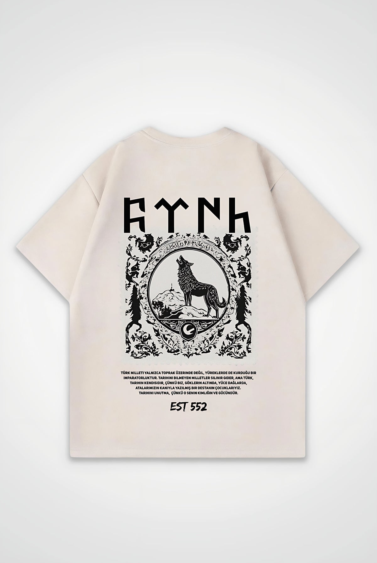 Göktürk Oversized T-Shirt – Orhun Backprint in Sand – Backprint-Design