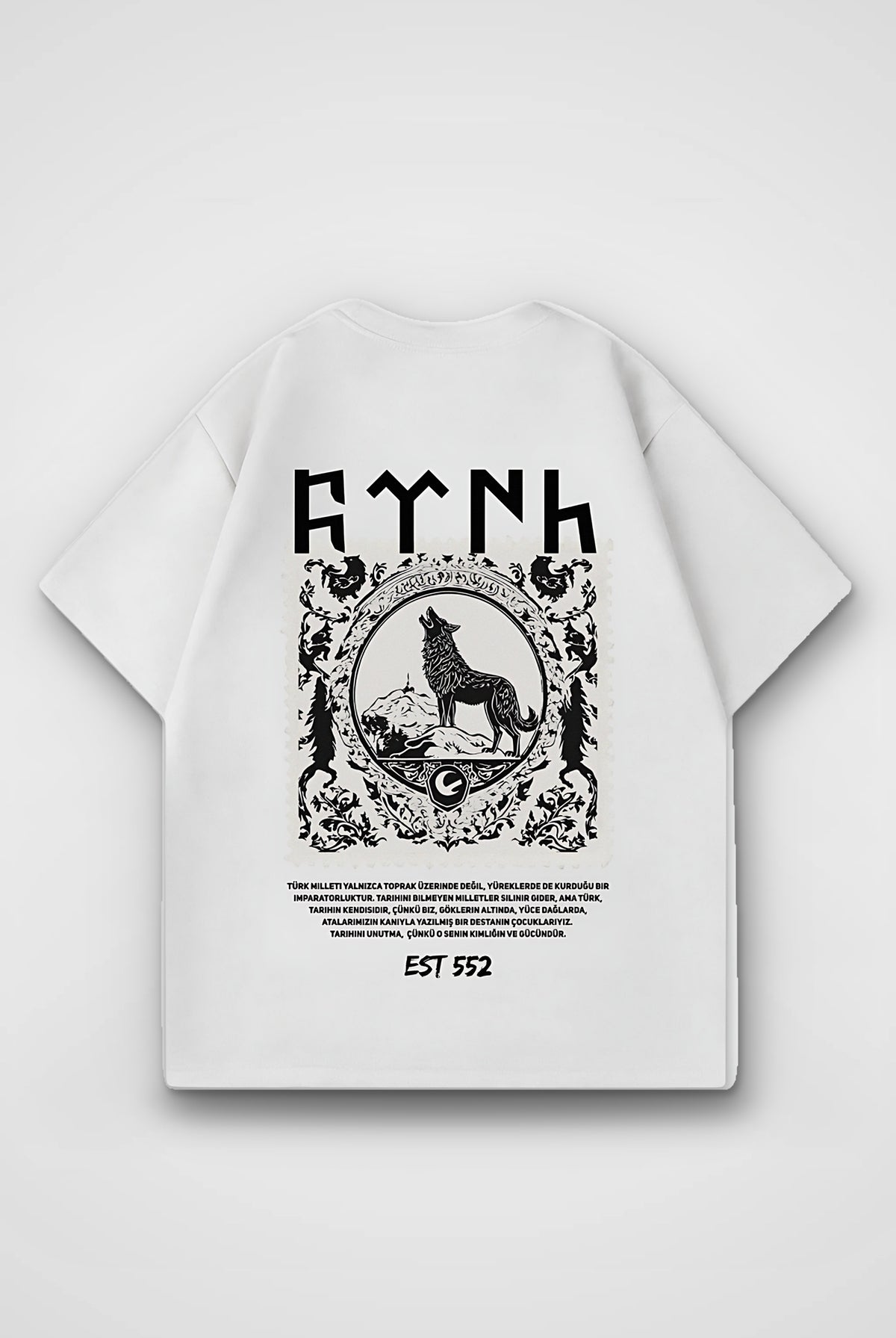 Göktürk Oversized T-Shirt – Orhun Backprint in Weiß (White) – Backprint-Design