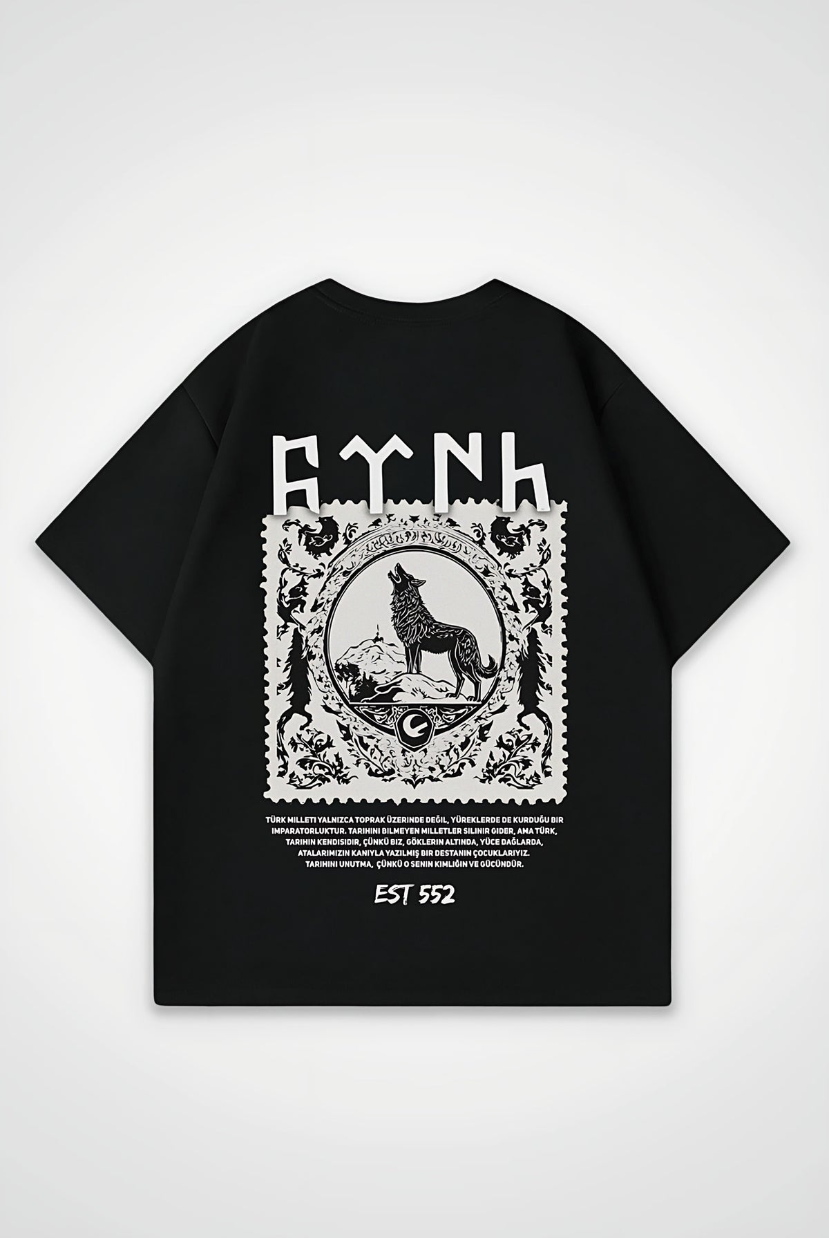 Göktürk Oversized T-Shirt – Orhun Backprint in Schwarz (Black) – Backprint-Design