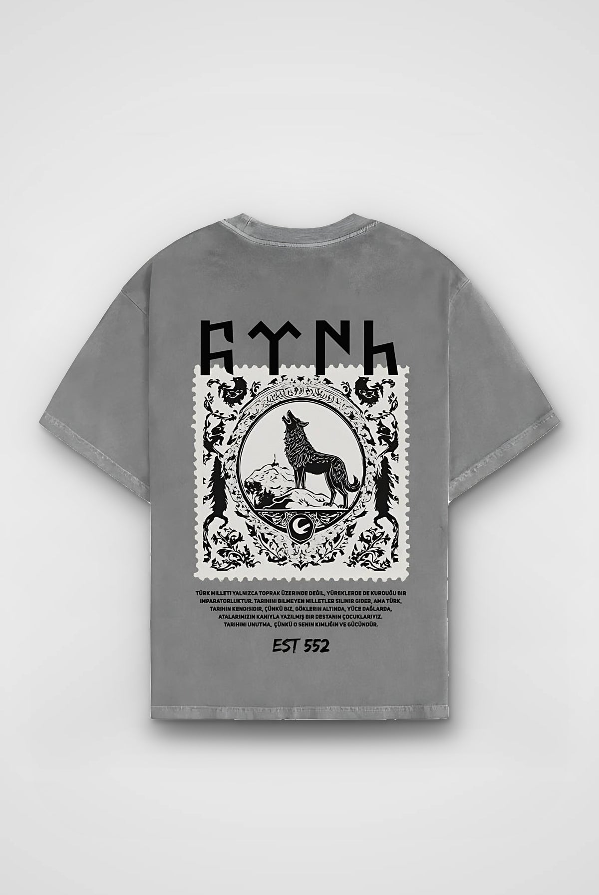 Göktürk Kut Washed T-Shirt in Washed Grey – Produktbild Rückenprint