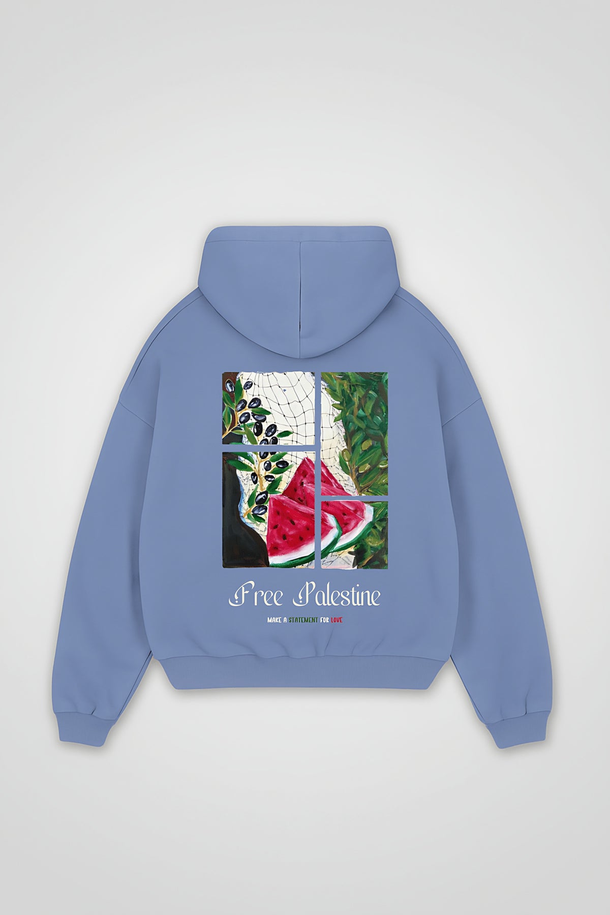 Palestine Statement Oversized Hoodie in Powder Blue – Backprint-Design