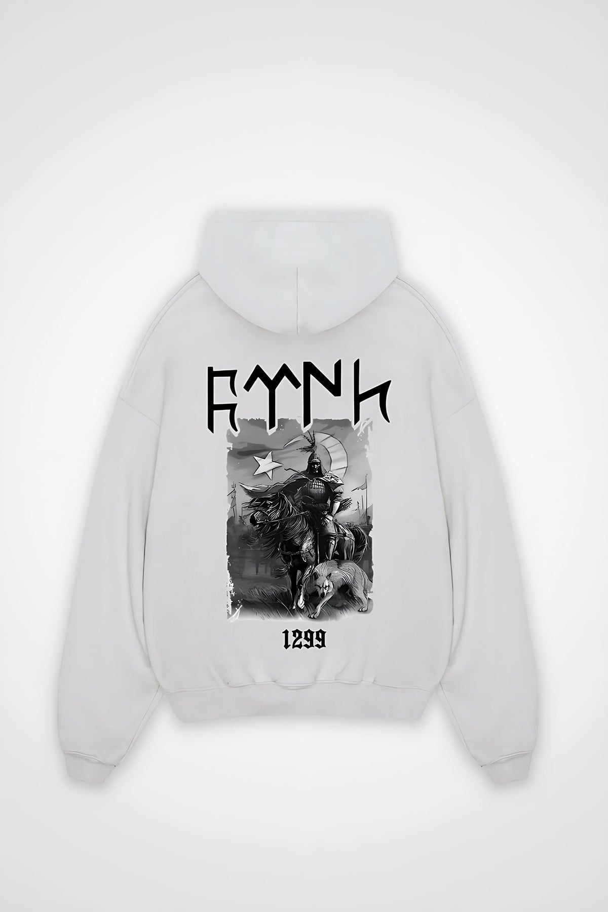 Göktürk Oversized Hoodie – Töre in Weiß (White) – Backprint-Design