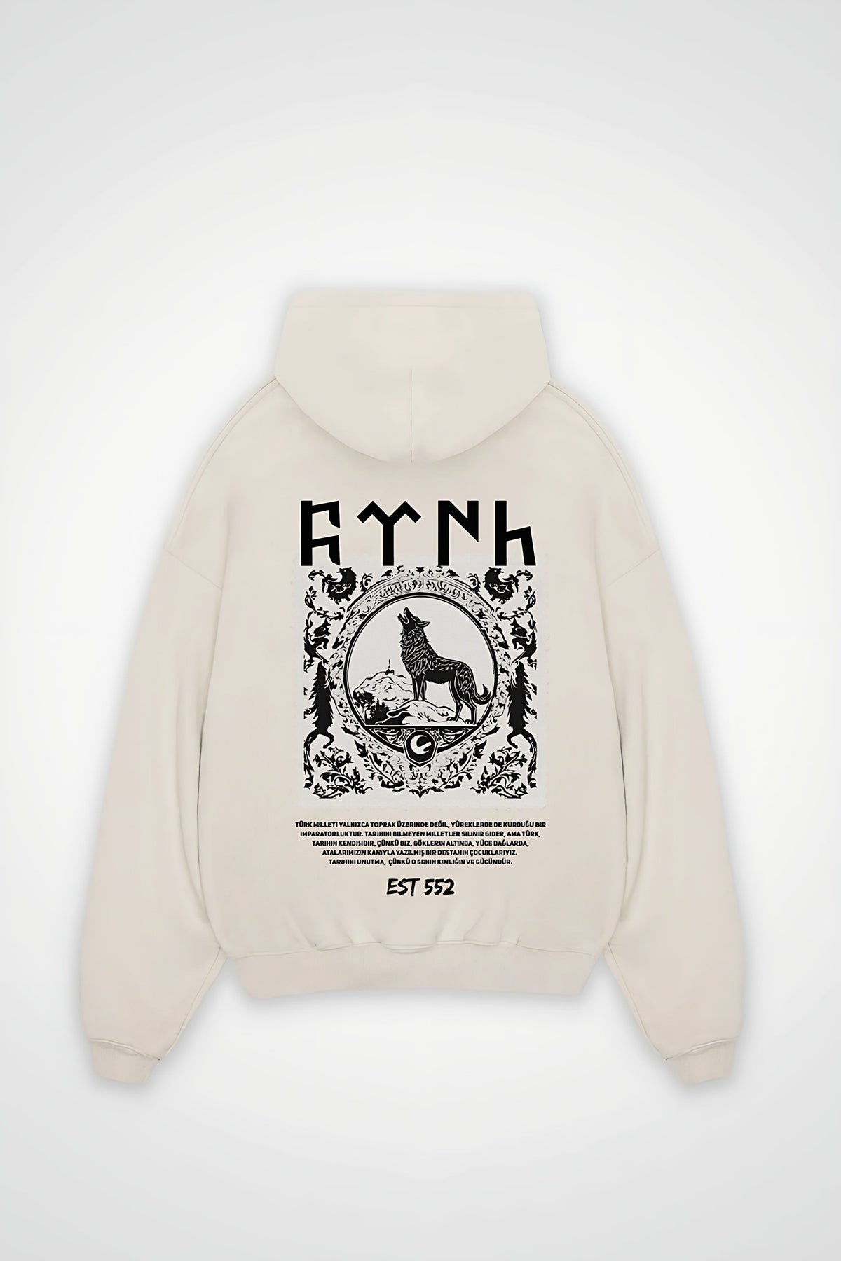 Göktürk Oversized Hoodie – Börü in White Sand – Backprint-Design