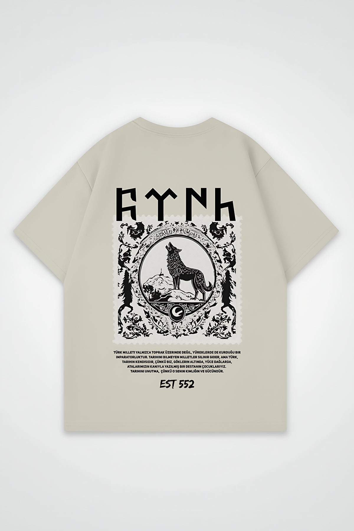 Göktürk Oversized T-Shirt – Orhun Signature in Grau (Grey) – Backprint-Design