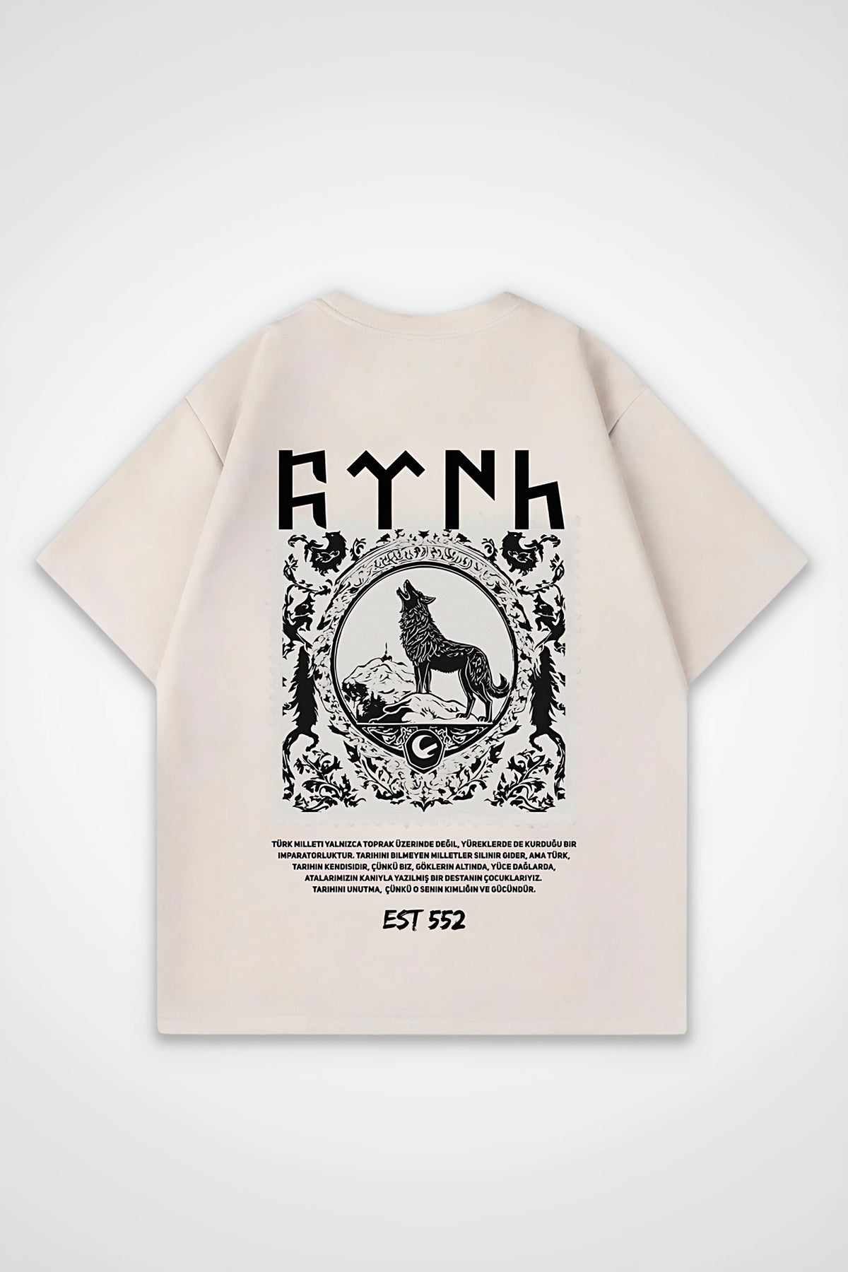 Göktürk Oversized T-Shirt – Orhun Backprint in Sand – Backprint-Design