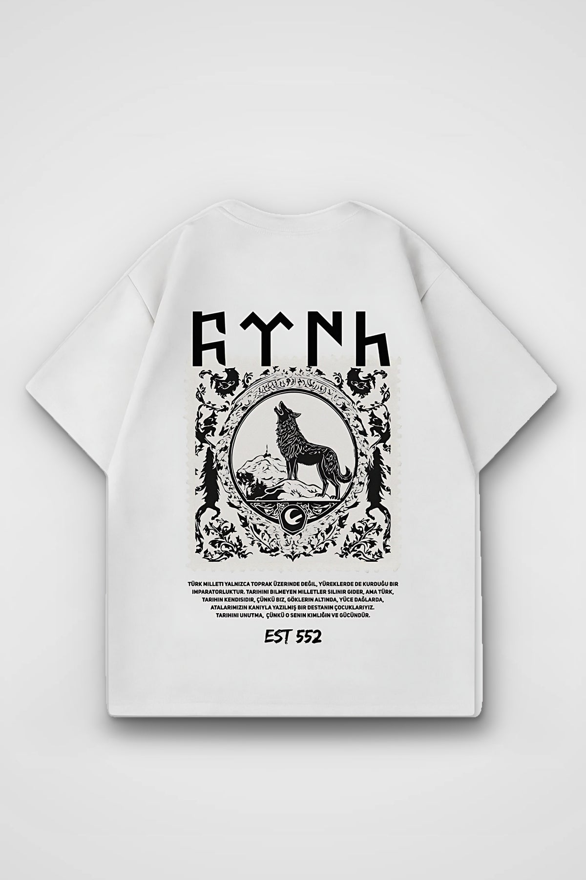 Göktürk Oversized T-Shirt – Orhun Backprint in Weiß (White) – Backprint-Design