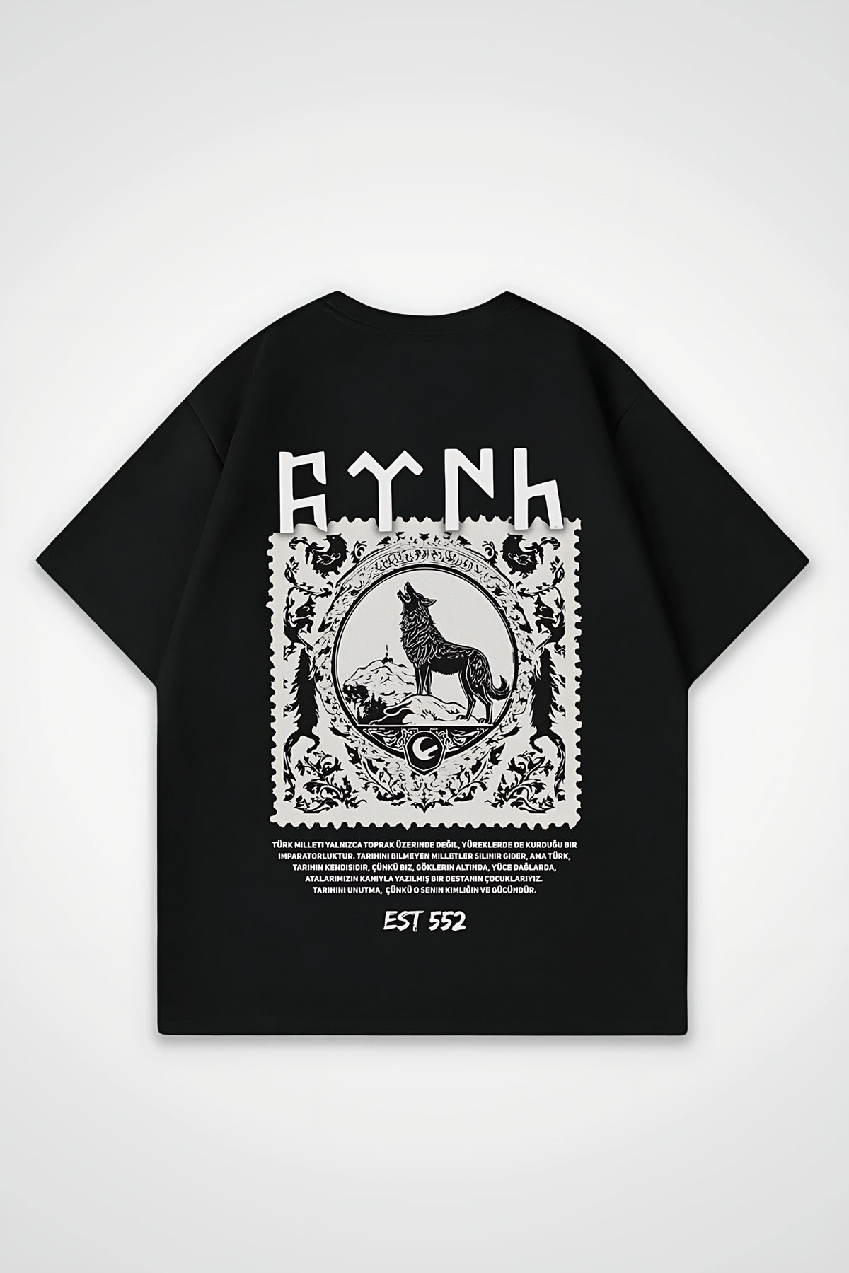 Göktürk Oversized T-Shirt – Orhun Backprint in Schwarz (Black) – Backprint-Design