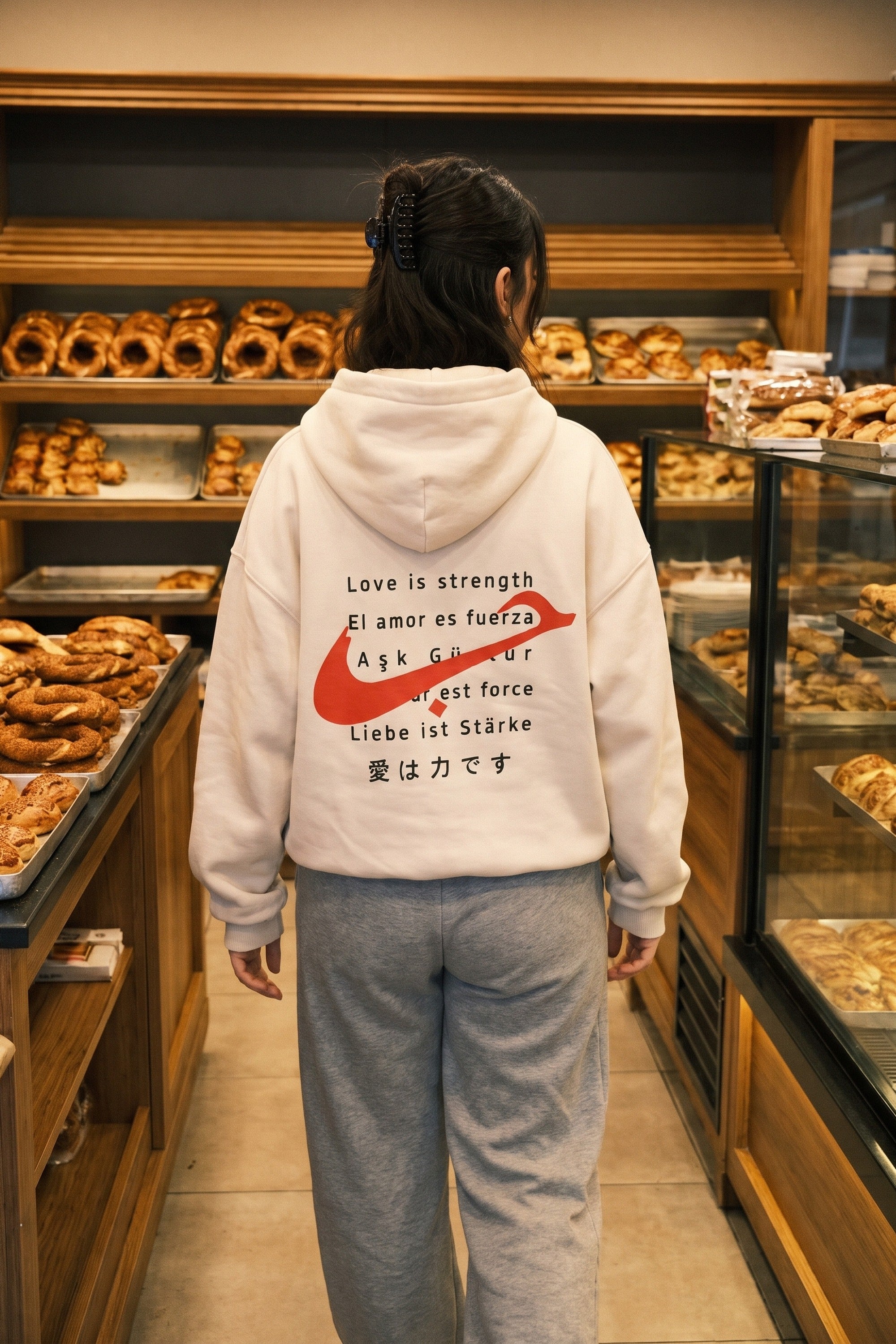 REALSTIL Aşk Oversized Hoodie White Sand – Model Damen