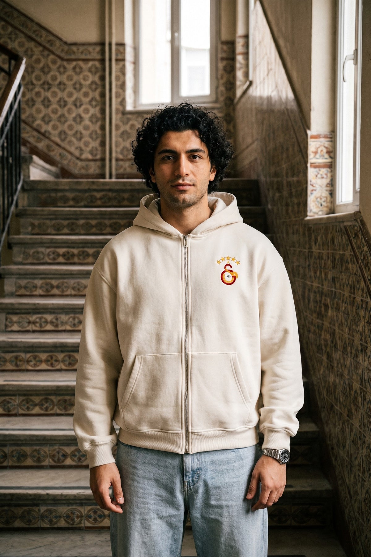 REALSTIL Galatasaray Oversized Zipper Hoodie White Sand – Model Herren