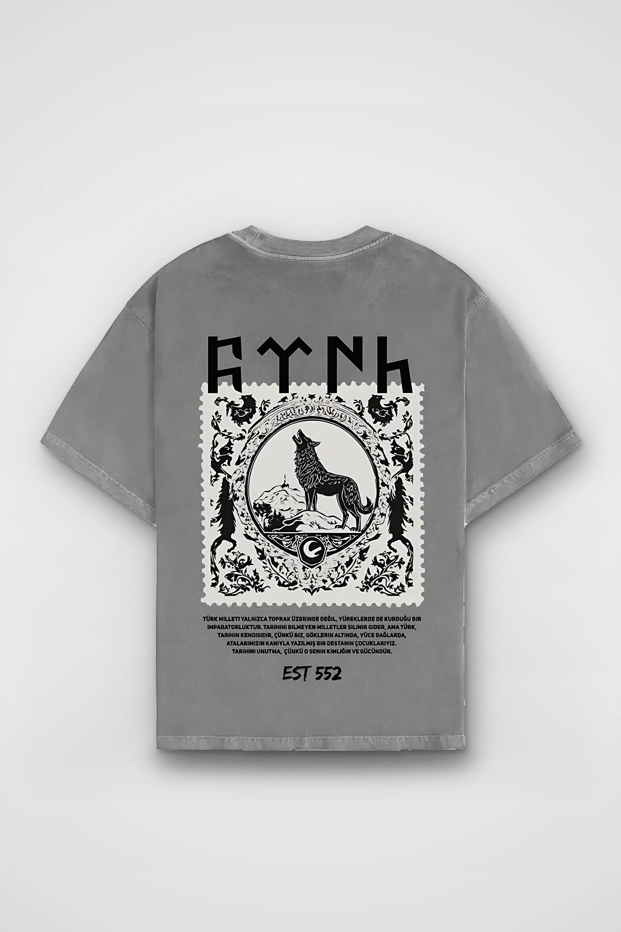 Göktürk Kut Washed T-Shirt in Washed Grey – Produktbild Rückenprint