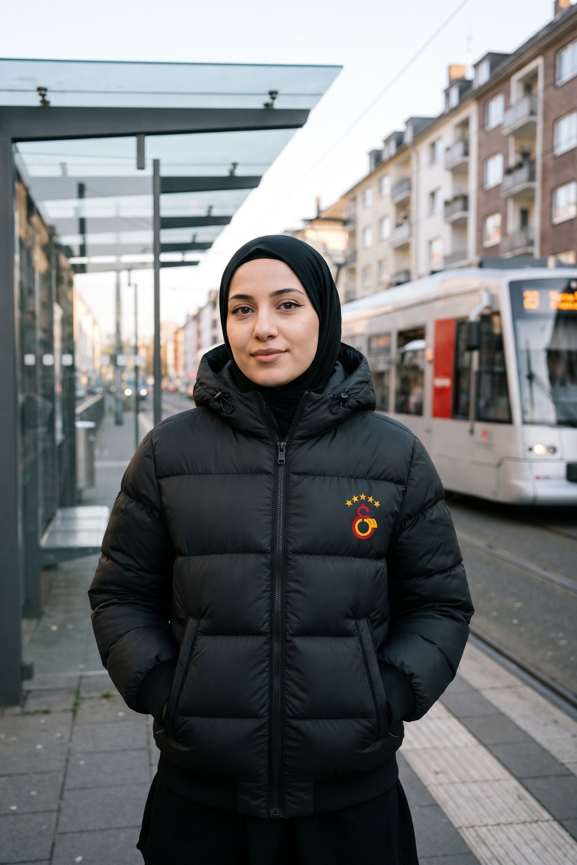Galatasaray Steppjacke – Cimbom in Schwarz – Model-Foto Damen mit Hijab