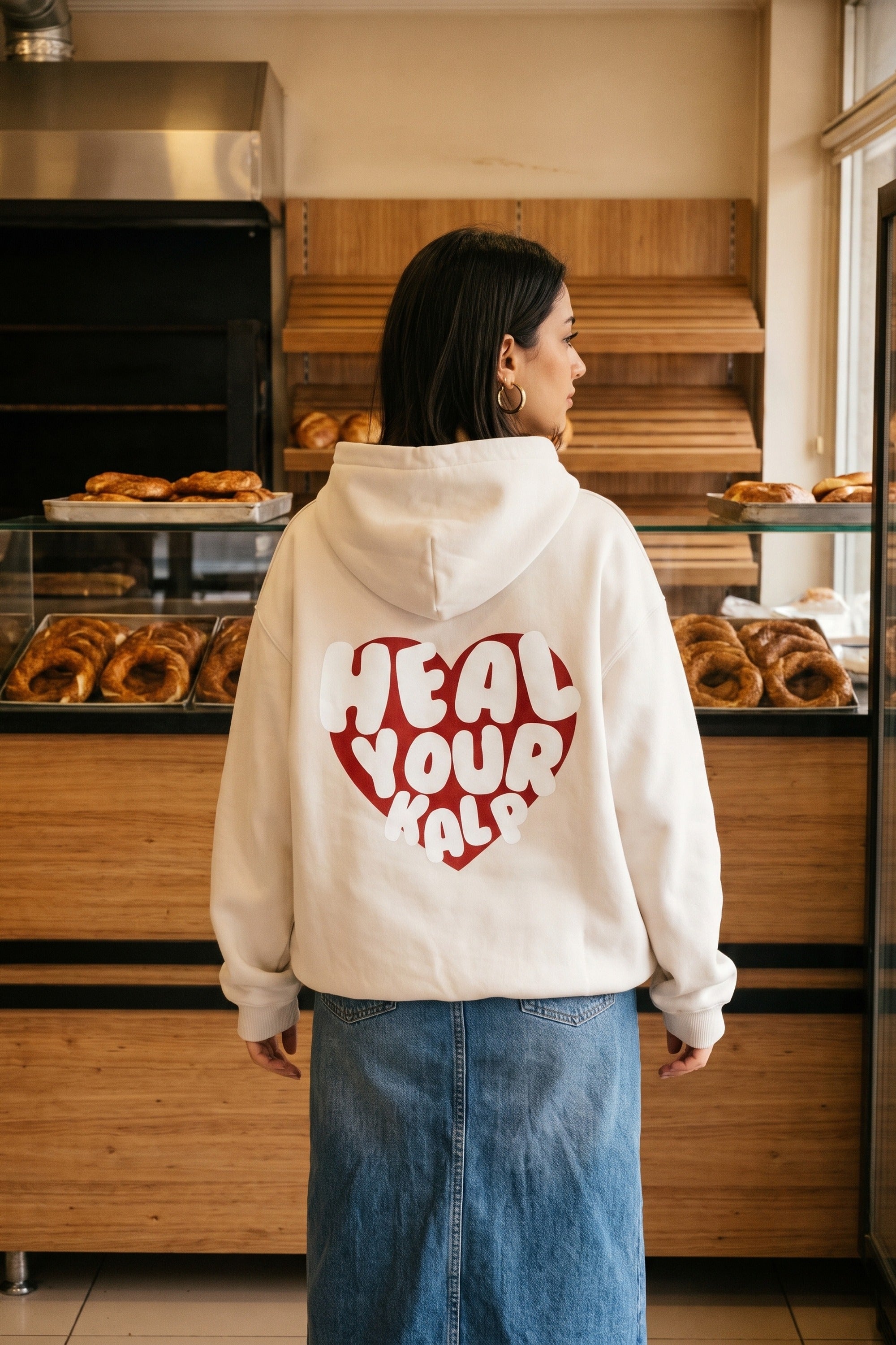REALSTIL Kalp Oversized Hoodie White Sand – Model Damen