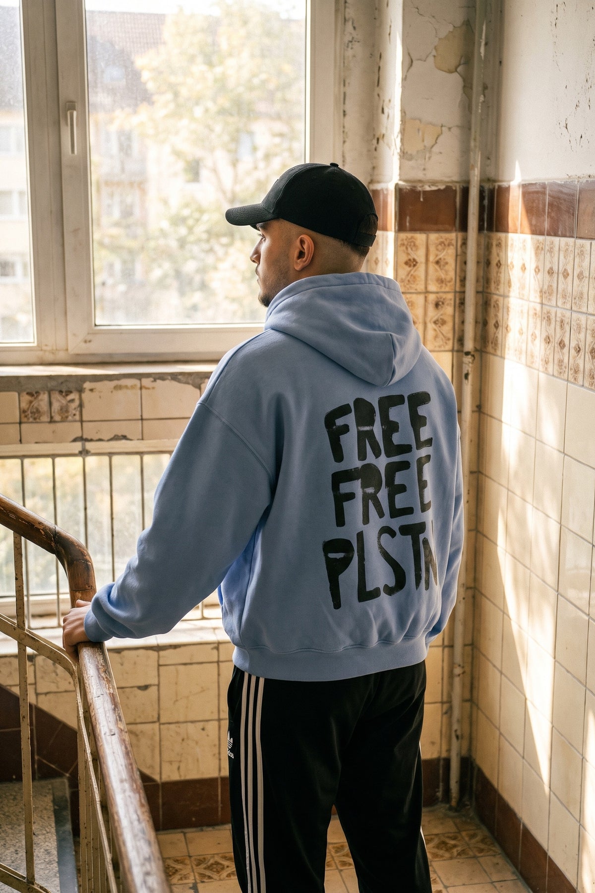 REALSTIL Palestine Oversized Hoodie Powder Blue – Model Herren