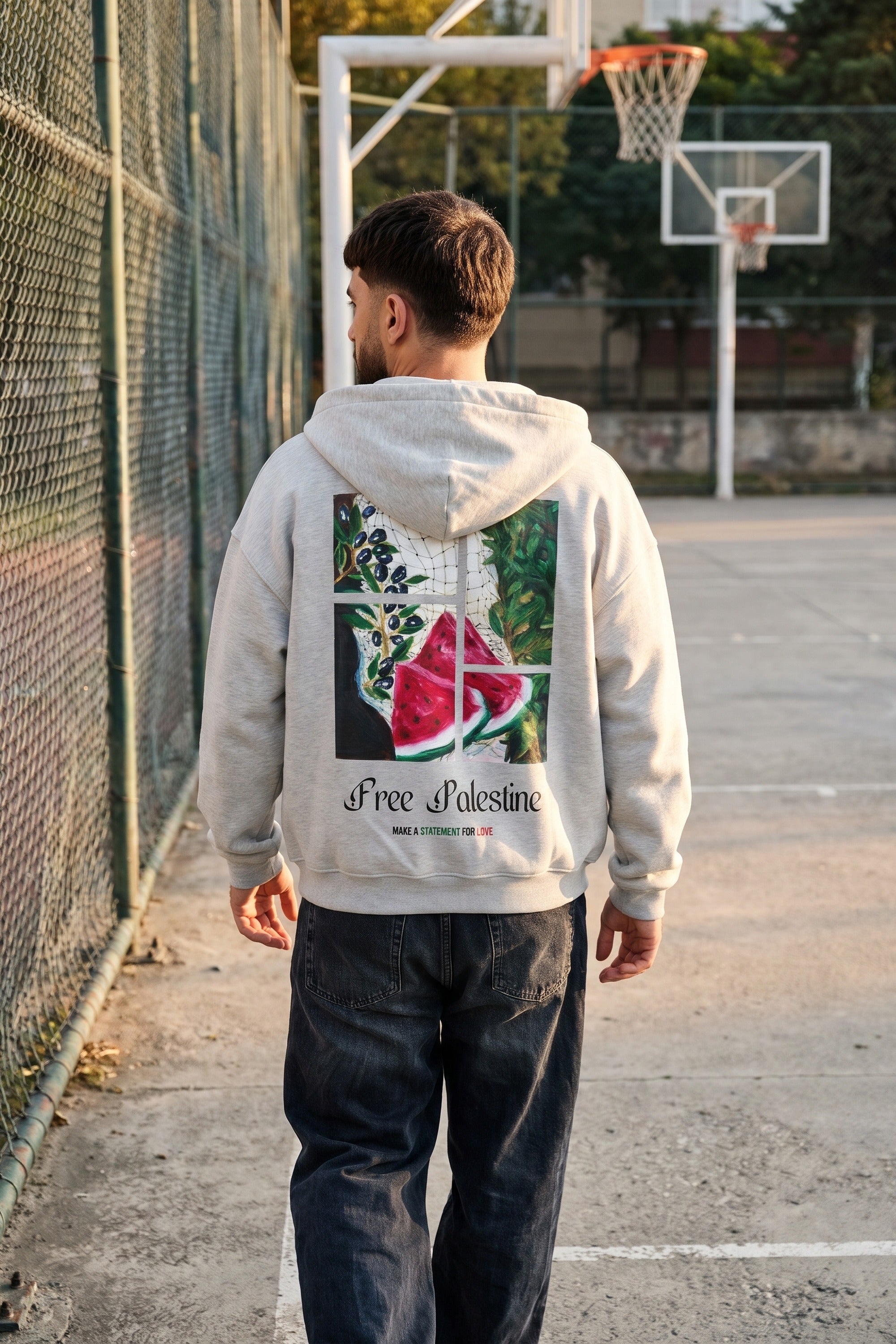 REALSTIL Palestine Oversized Zipper Hoodie Light Asphalt – Model Herren