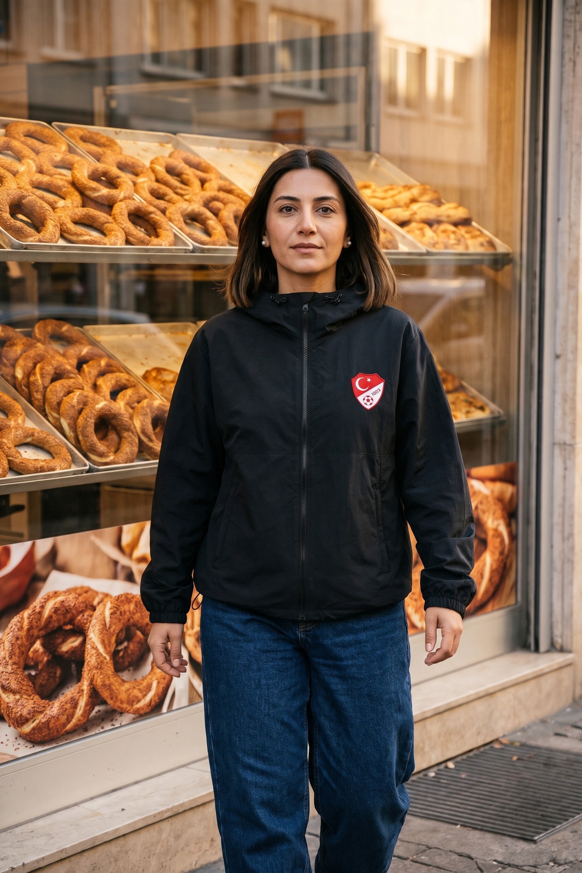 Türkiye Windbreaker in Schwarz – Model-Foto Damen mit Hijab